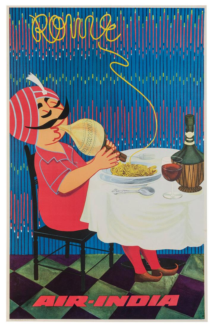 Air India / Rome. 1971. Bombay: New Jack Printing: Air India / Rome. 1971. Bombay: New Jack Printing Works. Offset lithograph airline poster depicts the airline’s Maharajah mascot playing a pungi, charming his bowl of pasta into spelling out the