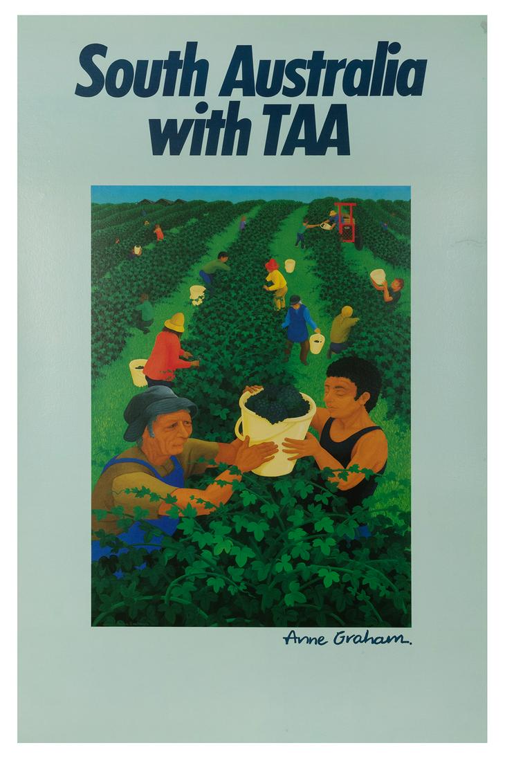 GRAHAM, Anne (b. 1925). South Australia with TAA.: GRAHAM, Anne (b. 1925). South Australia with TAA. [1985]. Trans-Australia Airlines poster with a vineyard illustration. 38 x 23 ¾”. Linen backed. Small abrasions to upper right corner and a