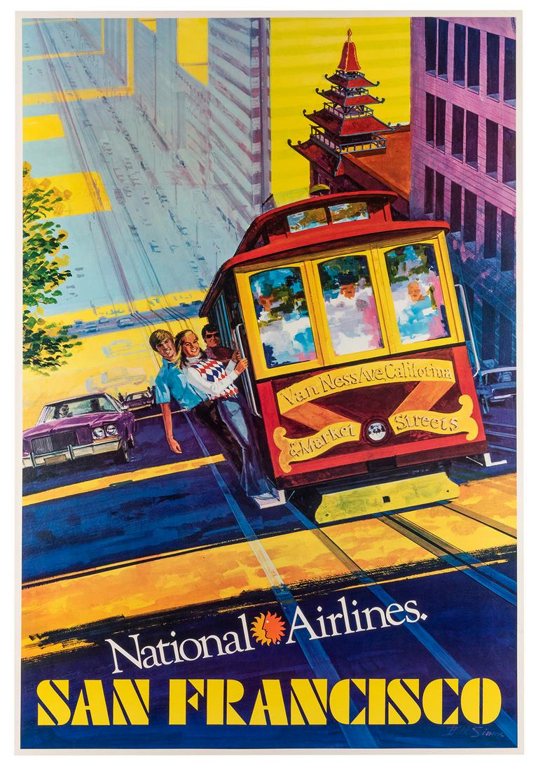 SIMON, Bill. San Francisco / National Airlines. Circa: SIMON, Bill. San Francisco / National Airlines. Circa 1970s. A couple hangs off a cable car as it climbs a hill. 41 ½ x 28”. Linen backed. Few tears at edges with minor restoration. A-.