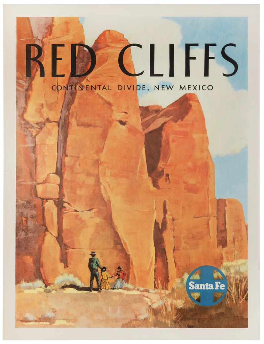 ELMS, William Frederick (1900-1956). Santa Fe: ELMS, William Frederick (1900-1956). Santa Fe [Railroad] / Red Cliffs / Continental Divide, New Mexico. 1950s. Offset lithograph railroad travel poster. 23 ¾ x 18”. Linen backed. Few unobtr