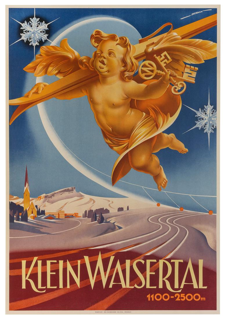 BERANN, Heinrich (1915-1999). Kleinwalsertal.: BERANN, Heinrich (1915-1999). Kleinwalsertal. Innsbruck: Wagner’sche, ca. 1950s. A golden cherub with skis makes tracks through the Mittelberg alpine region of Austria. 33 x 22 15/16”. Lin