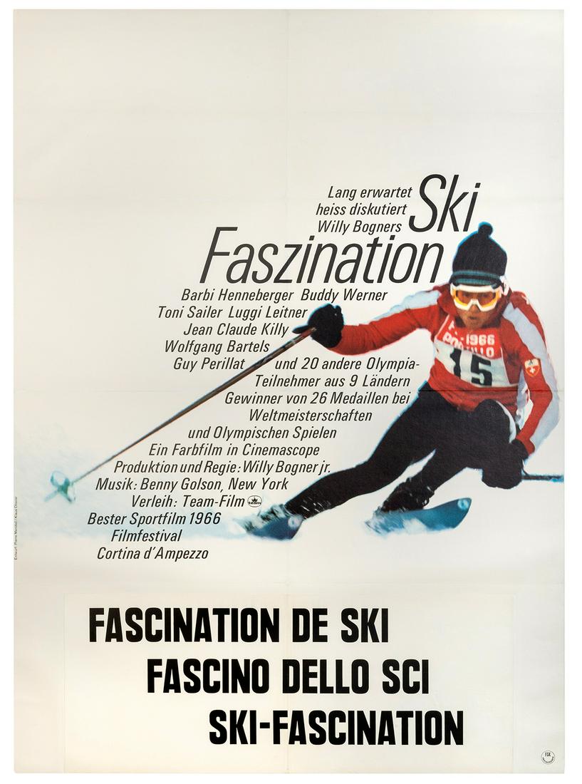 MENDELL & OBERER (Pierre Mendell & Klaus Oberer). Ski: MENDELL & OBERER (Pierre Mendell & Klaus Oberer). Ski Faszination. 1966. Poster for the Willy Bogner ski documentary. The three-line titles below are on a separate inserted sheet. 46 x 33 3/8”. 