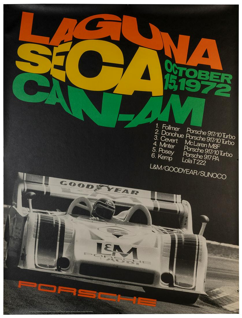 Laguna Seca / Can Am / Porsche. 1972. Germany: Atelier: Laguna Seca / Can Am / Porsche. 1972. Germany: Atelier Strenger. Photograph by Reichert. 40 x 30”. Unmounted/rolled. One short closed tear at top edge, minor edgewear. A-.
