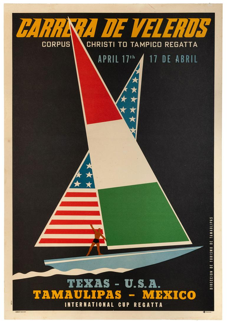 Carrera de Veleros / Corpus Christi to Tampico Regatta.: Carrera de Veleros / Corpus Christi to Tampico Regatta. Mexico: Eco Publicitas, ca. 1960s. Tourism poster for the International Cup Regatta in which competitors sailed some 400 miles in the Gulf of Me