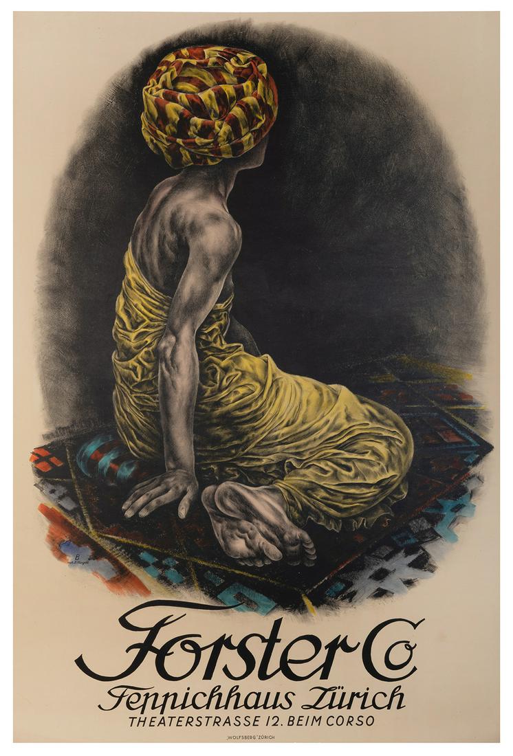 BAUMBERGER, Otto (1889-1961). Forster Co. / Teppichhaus: BAUMBERGER, Otto (1889-1961). Forster Co. / Teppichhaus Zurich. Zurich: Wolfsberg, ca. 1916. Lithograph poster, after an earlier design by Burkhard Mangold. 49 ¾ x 33 ¼”. Linen backed.