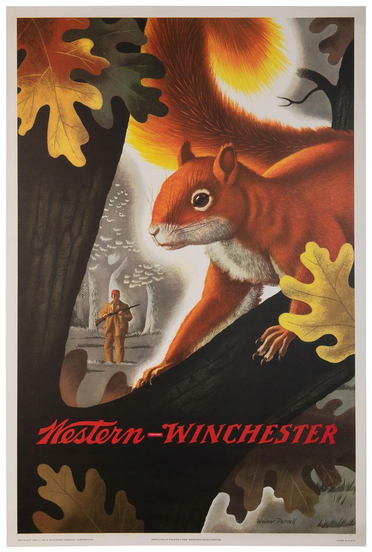 PURSELL, Weimer. Western Winchester. 1955. Olin: PURSELL, Weimer. Western Winchester. 1955. Olin Mathieson Chemical Corporation. Offset lithograph poster depicting a hunter holding a rifle, spotting a squirrel among a tree with leaves with fall colo