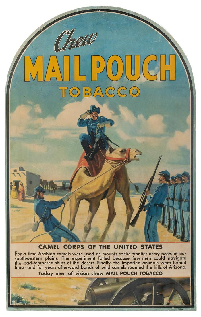 [TOBACCIANA]. Chew Mail Pouch Tobacco. 20th century. A: [TOBACCIANA]. Chew Mail Pouch Tobacco. 20th century. A United States soldier sits atop an ill-tempered camel who is actively resisting the pull of its master on the ground. Signed in plate by artist J