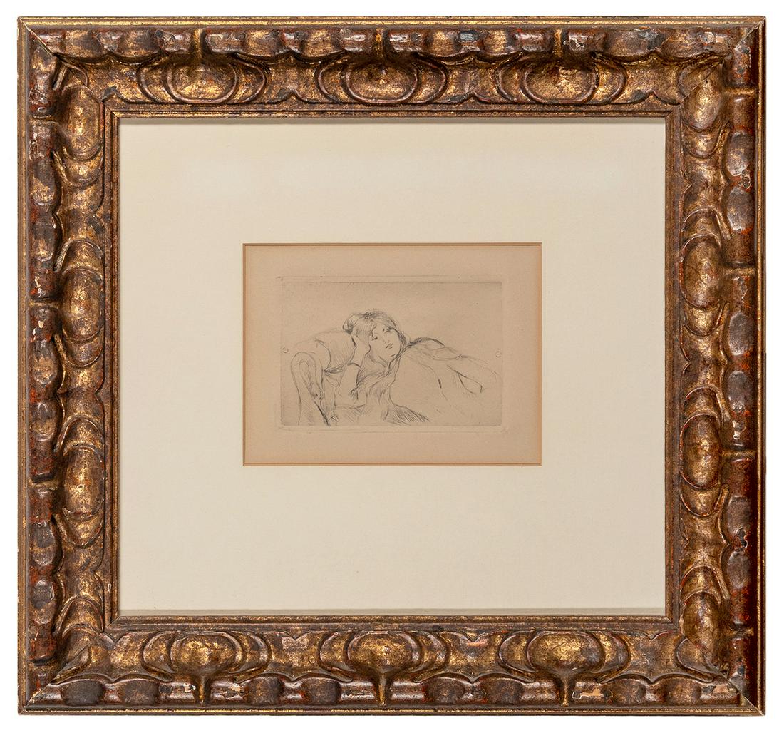 MORISOT, Berthe (1841-1895). Woman Reclining. Circa: MORISOT, Berthe (1841-1895). Woman Reclining. Circa 1910. Etching on cancelled plate depicts Morisot’s daughter with Eugene Manet, Julie, reclining against the arm of a couch. Matted and framed,