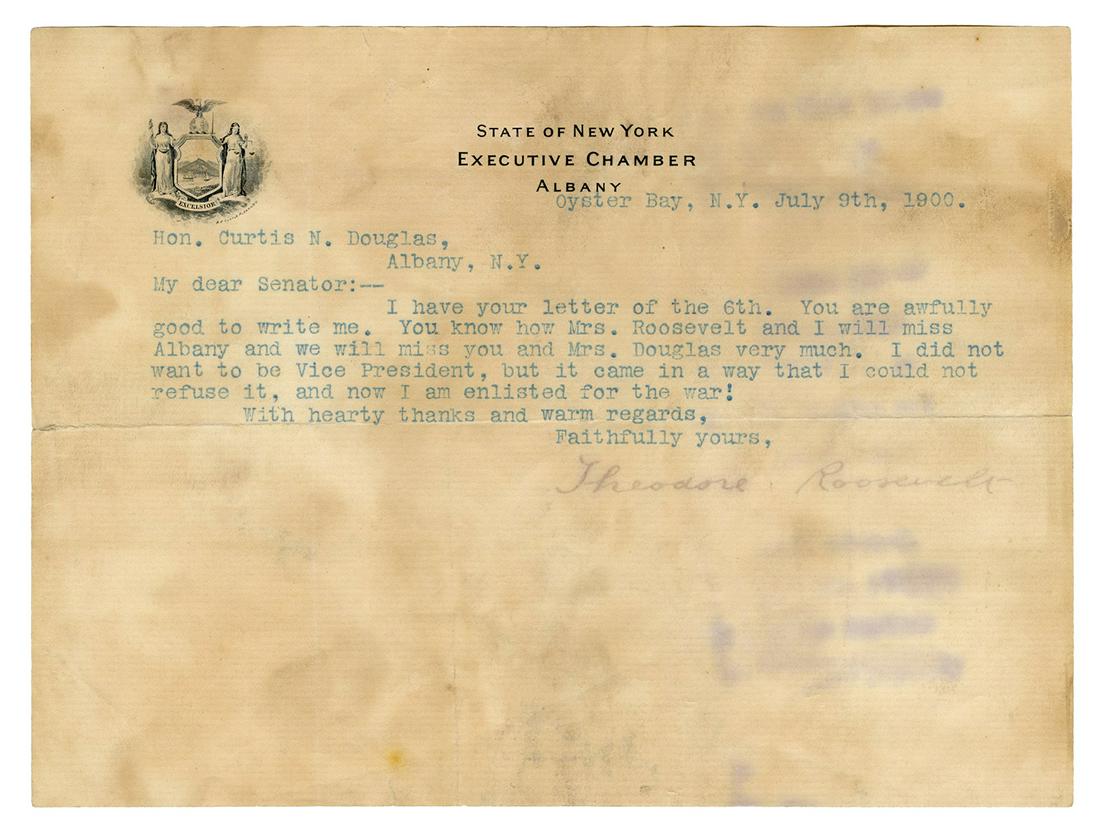 ROOSEVELT, Theodore (1858-1919). Typed letter signed (1 of 1)