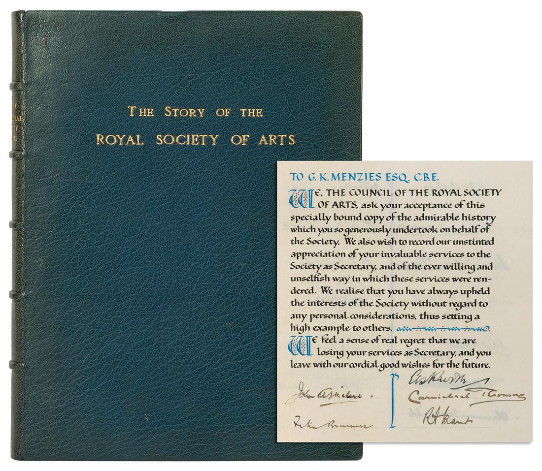 [ROYAL SOCIETY OF ARTS]. The Story of the Royal Society: [ROYAL SOCIETY OF ARTS]. The Story of the Royal Society of Arts. London: John Murray, n.d. [1935]. Royal 8vo. Illustrated from photographs. Contemporary crushed blue–green levant gilt, 6 compart