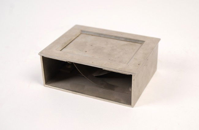 Faro Box. American, ca. 1895. Heavy nickel silver: Faro Box. American, ca. 1895. Heavy nickel silver box built to accommodate one deck and for dealing the game of Faro. Accompanied by a note in an unknown hand stating "Faro dealing box formerly owned