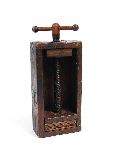 Open-top card press. Maker unknown, ca. 1880: Open-top card press. Maker unknown, ca. 1880. Vintage wooden multiple-deck press with wooden screw mechanism. 5 ½ x 3 x 12". Worn but good working condition.