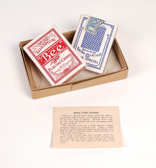 Hole Card Expose decks.: Hole Card Expose decks. Pair of specially prepared vintage Bee decks. After a fair shuffle, the mark cuts the cards, apparently doing so squarely. Due to the way the cards have been prepared, the mark