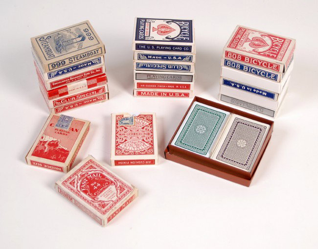 Group of 19 vintage Marked Decks.: Group of 19 vintage Marked Decks. Primarily from Hunt & Co. of Chicago, and dating to the 1950s and 60s. Back designs include Bicycle Rider, Racer, and New Fan Backs, as well as Bee, Steamboat, Aviato