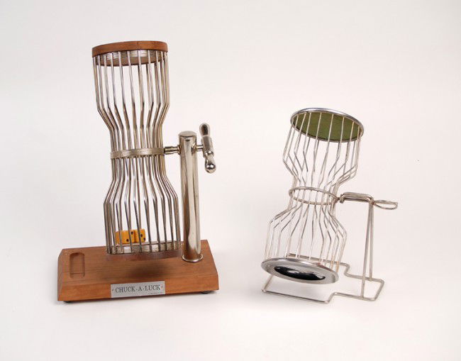 Pair of Chuck-A-Luck cages.: Pair of Chuck-A-Luck cages. Including one with a sturdy hardwood base and ends, the other and all-wire cage. Both with dice. The tallest measures 12" high. Good condition.