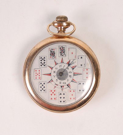 Two games in pocket watch casings.: Two games in pocket watch casings. One a German-made pocket roulette game, the other a wind-up card game with wind-up mechanism. Both in good working condition. Automaton?