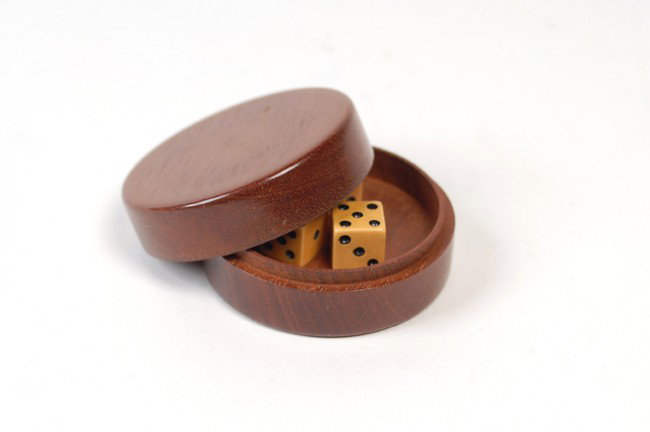 Eli's Die Box. Los Angeles, F.G. Thayer, ca. 1920.: Eli's Die Box. Los Angeles, F.G. Thayer, ca. 1920. Handsome turned hardwood box allows the magician to control the roll of three fair dice, no matter how much the box is shaken. Box measures 2 ½" in 