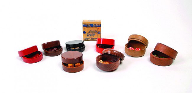 Group of nine "Eli"/sure shot dice boxes.: Group of nine "Eli"/sure shot dice boxes. These boxes allow the operator to control the roll of dice inside of them, no matter how much the boxes are shaken. Also known as "Sure Shot" dice boxes. Vari
