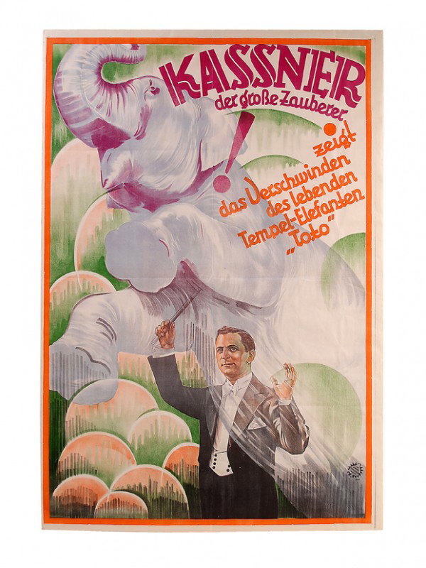 Kassner w/Toto. Magic litho poster. Friedlander 1929: Kassner, Alois. Kassner Der Grosse Zauberer. Hamburg, Adolph Friedlander, 1929. European one-sheet (27 x 55") color lithographed poster depicting the German magician and his vanishing elephant, Toto, 