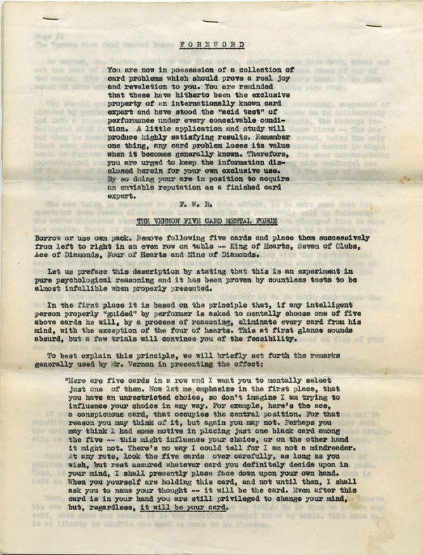 Vernon, Dai. Ten Card Problems. The "$20 Manuscript".: Vernon, Dai and Faucett W. Ross. Ten Card Problems. N.p., n.d. (1932). The first 12 copies of this, the famous "Twenty Dollar Manuscript," were signed and numbered by Vernon; the latter eight were mai