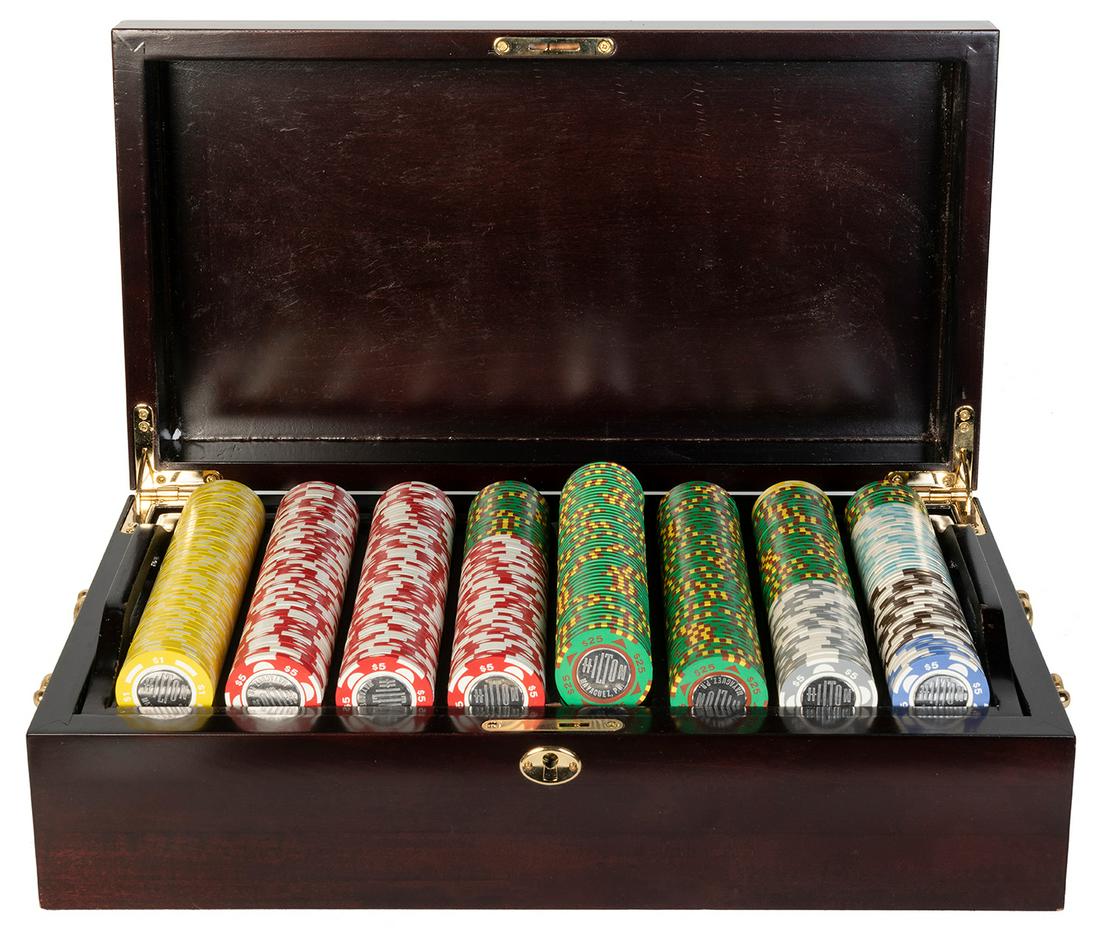 Hilton Mayaguez, Puerto Rico Obsolete Casino Chip: Hilton Mayaguez, Puerto Rico Obsolete Casino Chip Collection (425+). Cased set of Bud Jones coin/metal inlay chips from the Puerto Rico casino. Includes $1, $5, and $25 denominations. $5 chips in red,