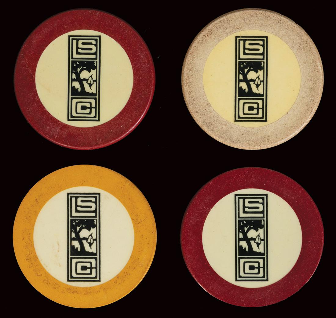 Lake Shore Club (Chicago) Illegal Casino Chips (4).: Lake Shore Club (Chicago) Illegal Casino Chips (4). Crest & seal chips in cream, yellow, and (2) red. SCARCE.