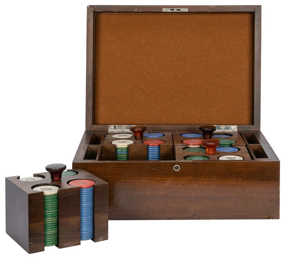 [JONES, Buck (1891-1942)]. Personal monogrammed poker: [JONES, Buck (1891-1942)]. Personal monogrammed poker chip set of Western actor Buck Jones. Set of nearly 400 Monarch mold clay chips in green, blue, red, and white, each hot-stamped in gilt “BJ