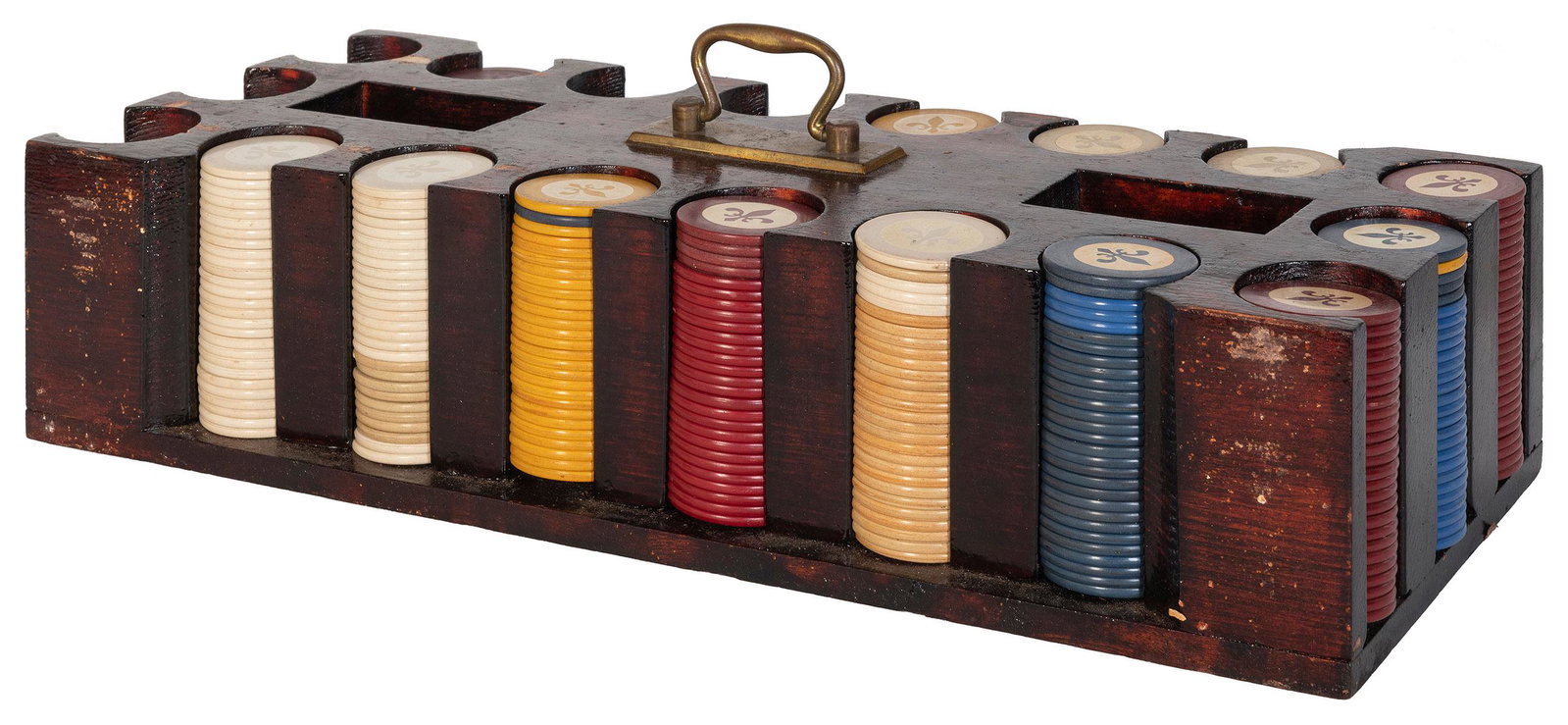 A Cased Set of Inlaid Fleur-de-Lis and Other Poker: A Cased Set of Inlaid Fleur-de-Lis and Other Poker Chips. Extra-large early 20th century wooden chip case with an eighteen-column brass handled caddy within, filled with approximately 320 inlaid fleur