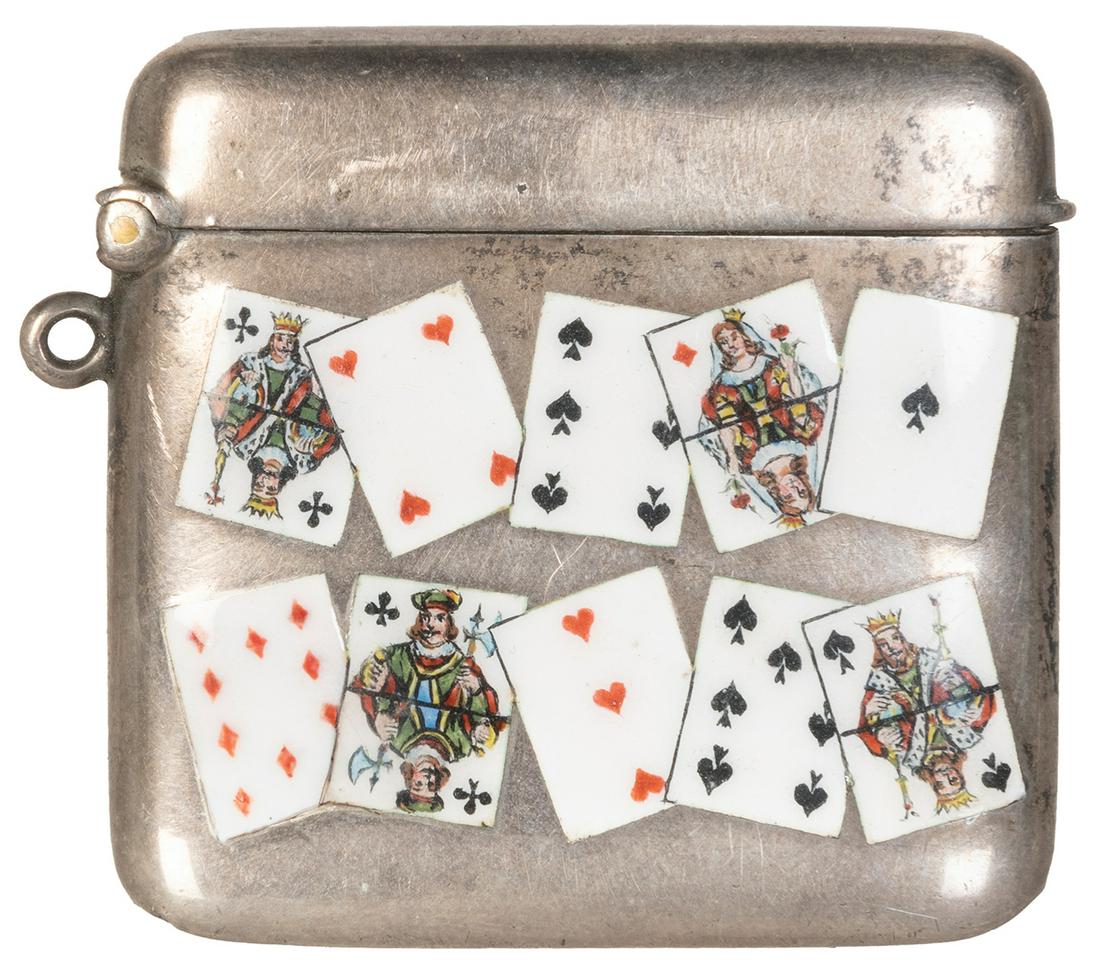 Sterling Silver and Enamel Playing Card Vesta / Match: Sterling Silver and Enamel Playing Card Vesta / Match Safe. 19th century. Hinged match safe with enameled playing card design. Hallmarked. 1 ½ x 1 ¾”.