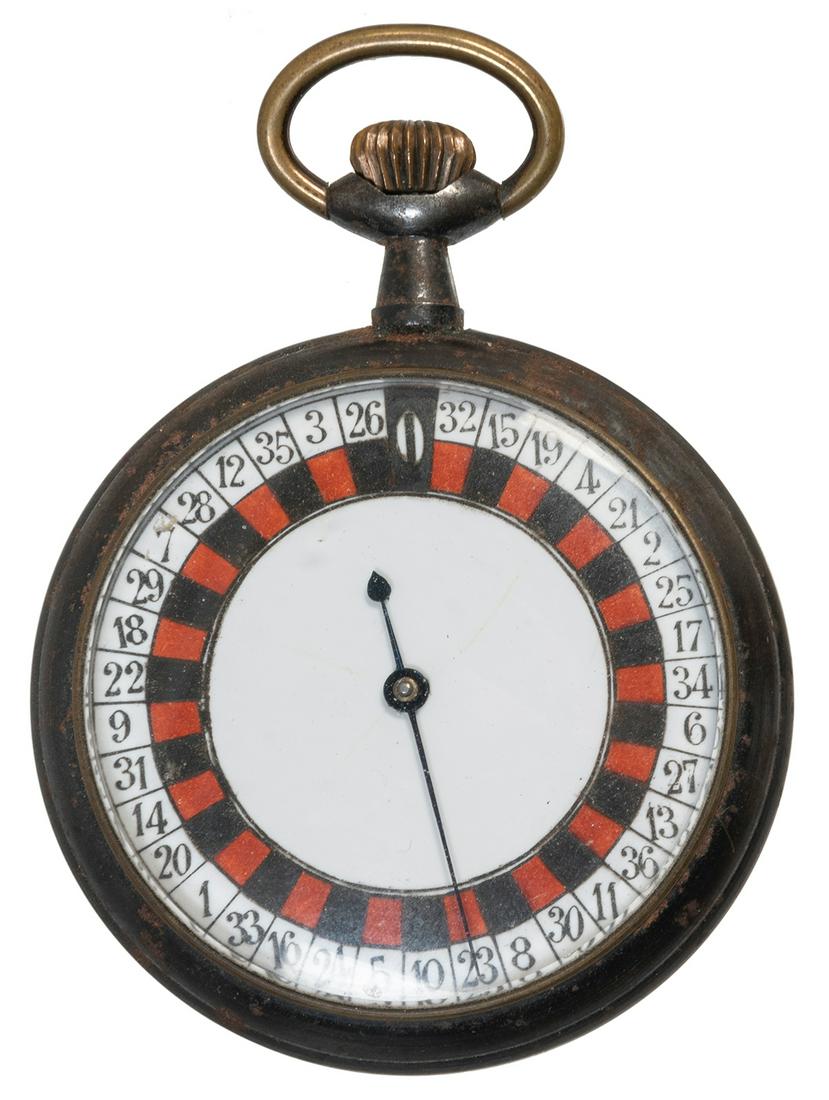 Roulette Pocket Watch. Circa 1900s. Having an enamel: Roulette Pocket Watch. Circa 1900s. Having an enamel dial and gunmetal case. Wind up and press the stem and the pointer spins rapidly around the dial to a random number. Diameter 2”. A fine exam