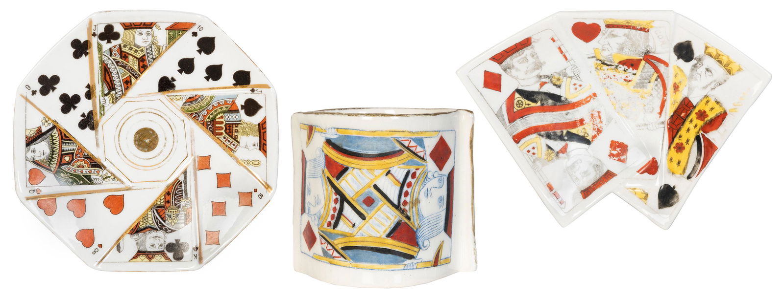 Three Playing Card Porcelain Articles. Including a: Three Playing Card Porcelain Articles. Including a cigarette or toothpick holder (marked Made in Germany), height 2 3/8”, depicting the Jack of Diamonds and a diamond suit; an ashtray depicting