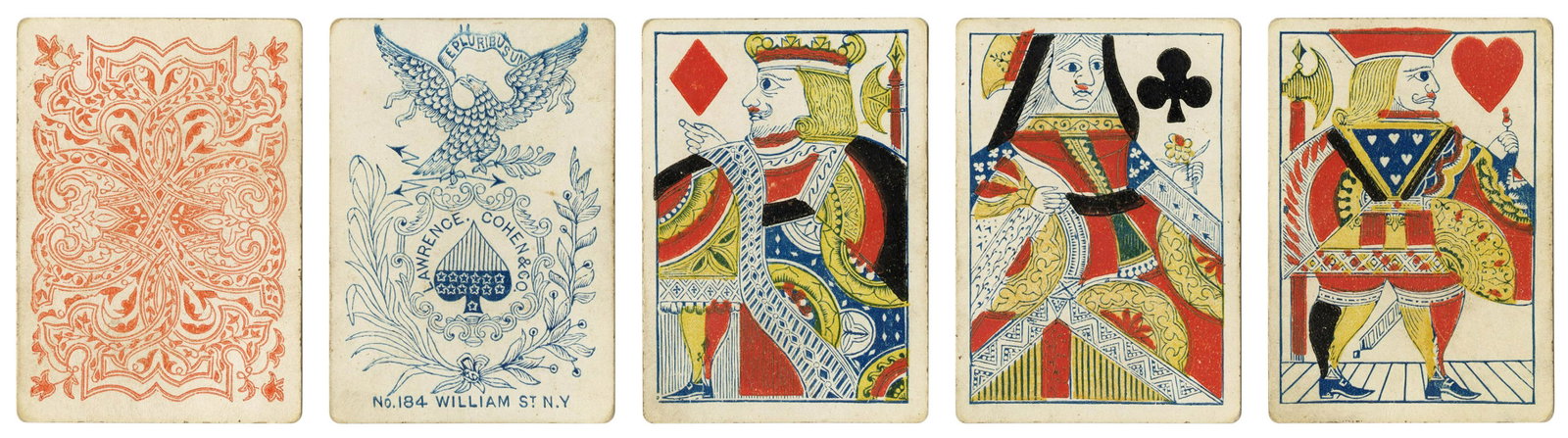 Lawrence & Cohen Imperial playing cards. New York, ca.: Lawrence & Cohen Imperial playing cards. New York, ca. 1863. 52 + EC (blank). Civil War-era deck. One way courts. Ace of Spades reads, “E Pluribus Unum/Lawrence & Cohen/No. 184 William St N.Y.&#