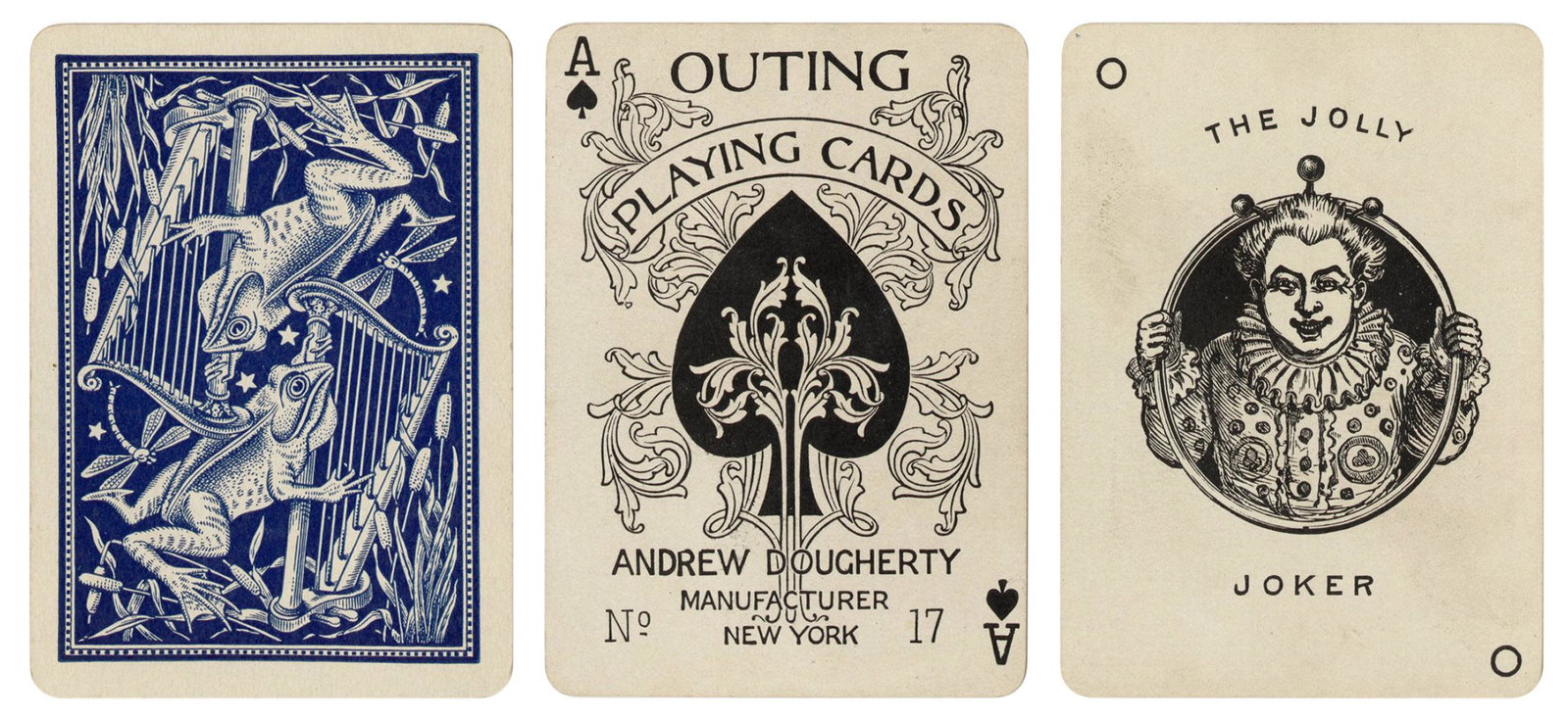 Andrew Dougherty Outing No. 17 Playing Cards. New York,: Andrew Dougherty Outing No. 17 Playing Cards. New York, ca. 1892. 52 + J (Jolly Joker). Red backs depicting ducks in line with the brand’s hunting/sporting theme. Very good (7-K slightly more wo