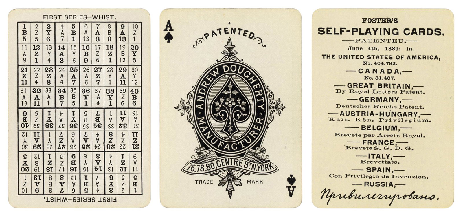 Andrew Dougherty Foster’s Self Playing Whist: Andrew Dougherty Foster’s Self Playing Whist Playing Cards, First Series. New York, ca. 1889. 52 + Instruction Card + OB. One hundred and twenty-eight whist hands printed on the backs. Hochman B