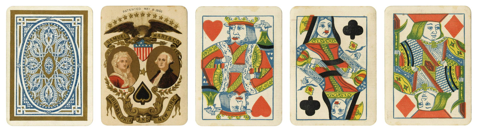Samuel Hart & Co. Playing Cards. Philadelphia, 1866.: Samuel Hart & Co. Playing Cards. Philadelphia, 1866. 52. Two way courts. Multi-colored Ace of Spades features dual portrait of George and Martha Washington. Hochman NY32.