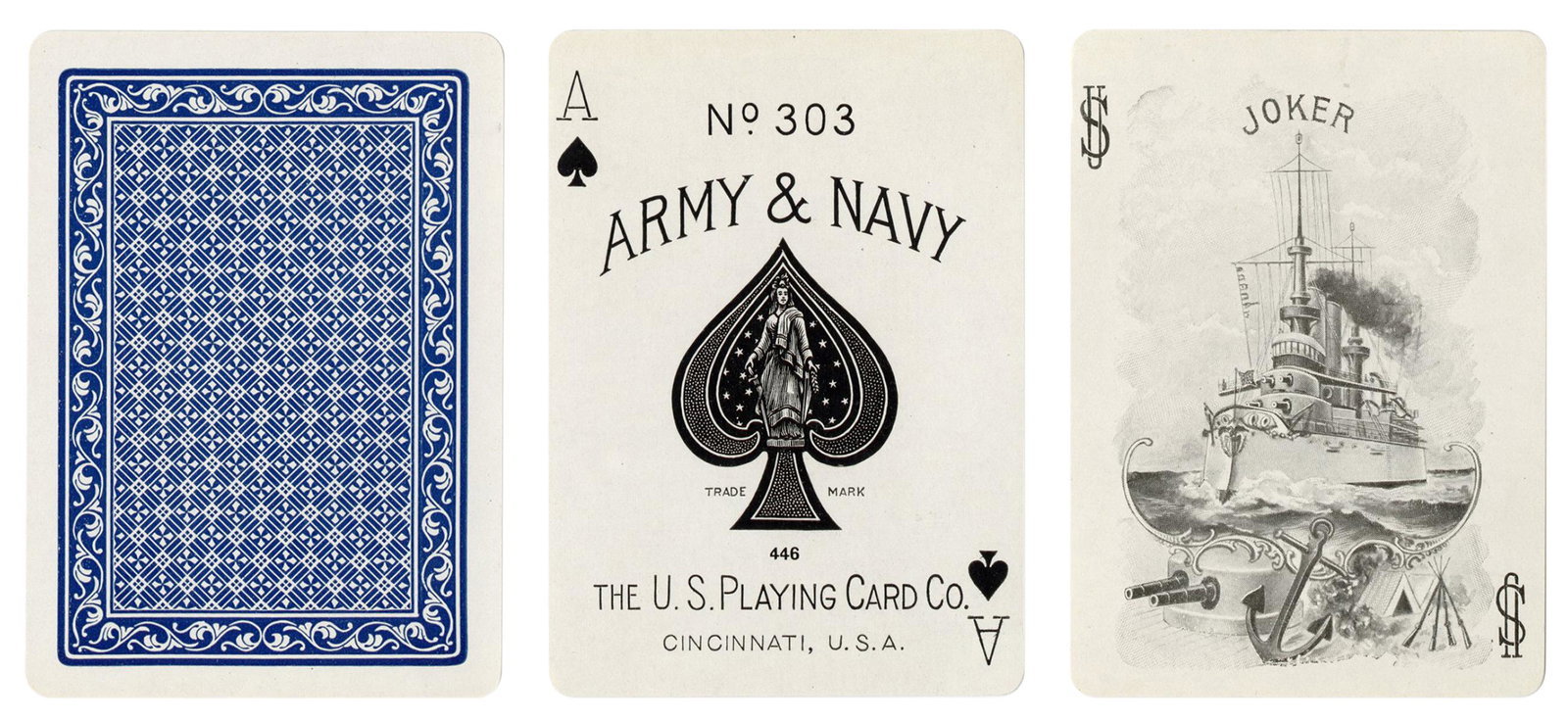 USPC Army & Navy #303 Playing Cards. Cincinnati, ca.: USPC Army & Navy #303 Playing Cards. Cincinnati, ca. 1900s. 52 + J + OB. Includes both original printed paper box and blue cardboard box with sample card mounted to side. Clean and near fine. Hochman 