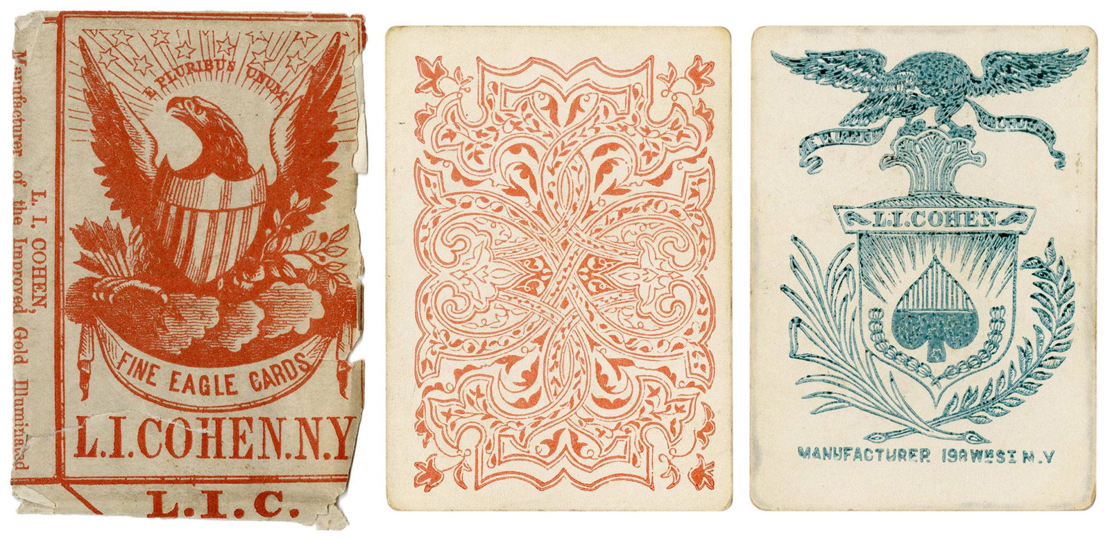 L.I. Cohen New York Playing Cards. New York, ca. 1840.: L.I. Cohen New York Playing Cards. New York, ca. 1840. 52. Ace of Spades with address at 190 William St. Square corners. One-way courts. Very good. With a RARE printed paper wrapper (flattened). Hochm