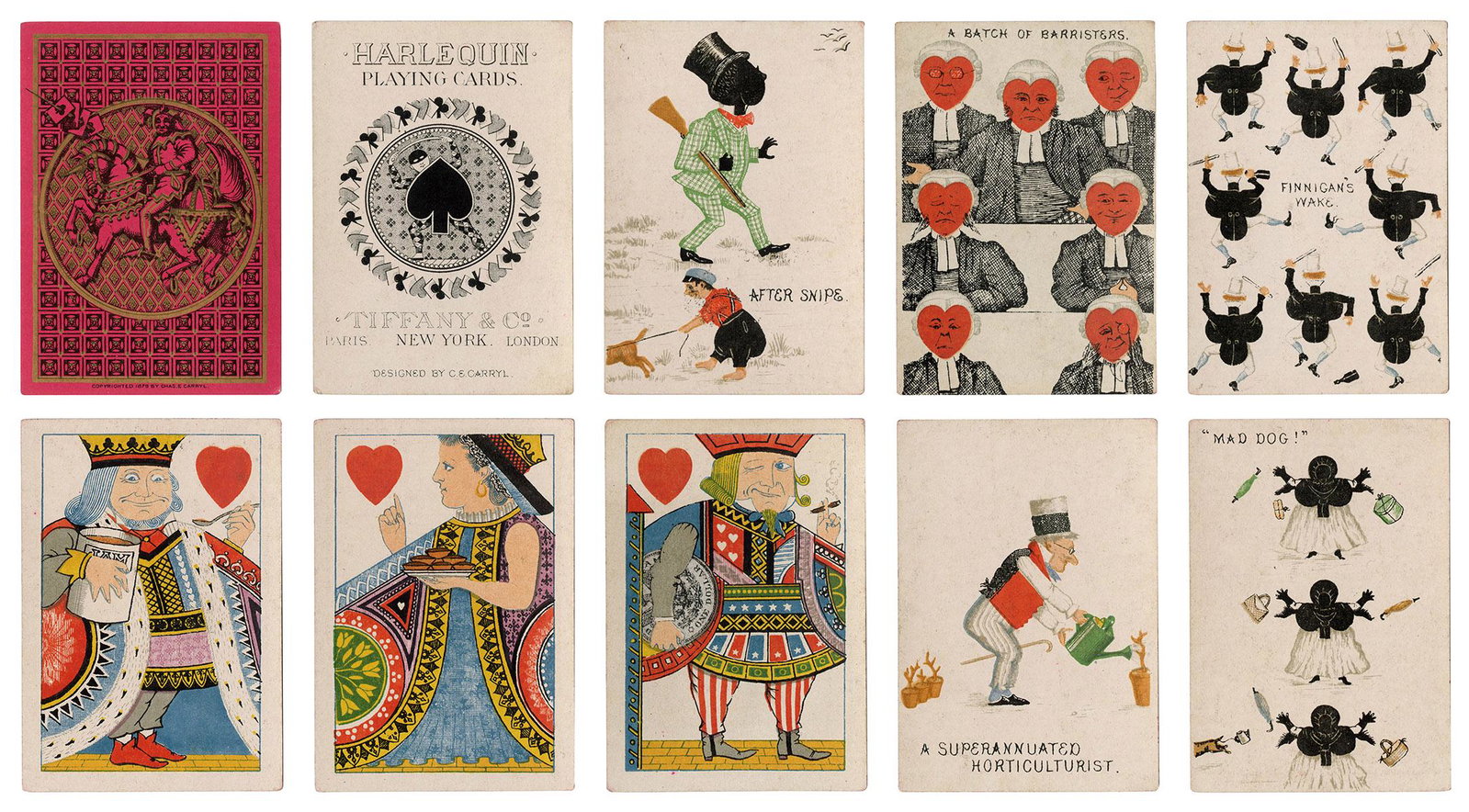 Tiffany & Co. Harlequin Transformation Playing Cards.: Tiffany & Co. Harlequin Transformation Playing Cards. New York, 1879. 52 + OB. Designed by C.E. Carryl. Transformation deck, pip cards with witty captions accompanying occupational, racial, and politi