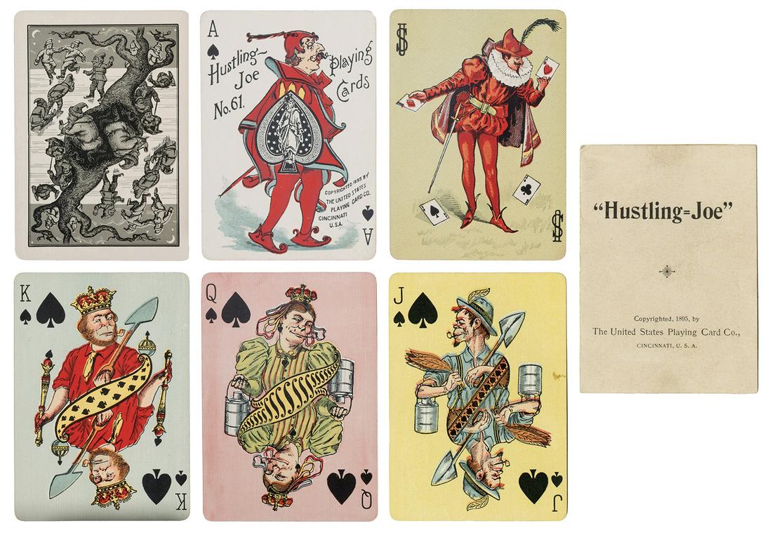 Hustling Joe No. 61 Playing Cards. Cincinnati: USPC,: Hustling Joe No. 61 Playing Cards. Cincinnati: USPC, 1895. 52 + J + OB. Handsomely color lithographed transformation-type playing cards depict occupations, sports, royalty, and others. Courts printed 