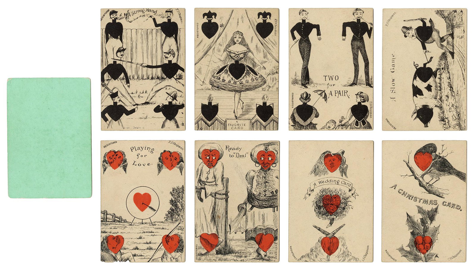 Reynolds & Sons Character Playing Cards Transformation: Reynolds & Sons Character Playing Cards Transformation Playing Cards. London, 1878. 51/52 (lacks KD). Also called “The Chapman Pack” as all the pip cards are printed “Registered T.S.