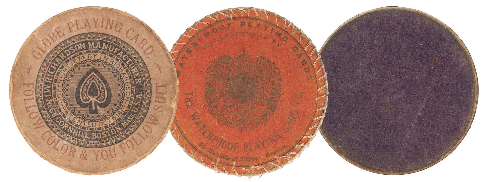 [ROUND DECKS]. A group of 3 playing card decks. Late: [ROUND DECKS]. A group of 3 playing card decks. Late 19th/early 20th century. Including: Arrow Playing Card Company Discus playing cards (ca. 1930s, 52 + J + OB), Hochman O18; Globe Playing Card Compa