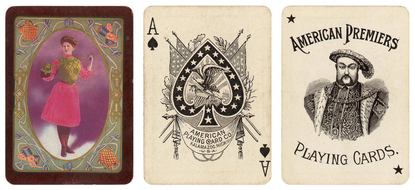 American Playing Card Co. Columbian No. 92. Kalamazoo,: American Playing Card Co. Columbian No. 92. Kalamazoo, MI, 1900s. 52 + J + OB. Color backs depict a swordswoman with gloves, swords, and gear in the border. American Premiers joker. Gilt edges (rubbed