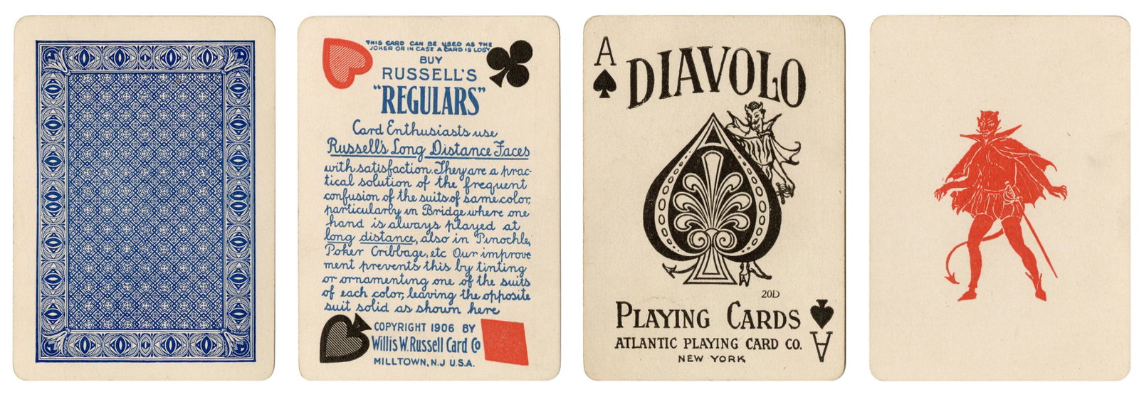 Atlantic Playing Card Co. Diavolo. New York, ca. 1910.: Atlantic Playing Card Co. Diavolo. New York, ca. 1910. 52 + J + OB. With the rare red devil joker. Sides of box split, lacks top flap, otherwise very good. Hochman US51. 101_065