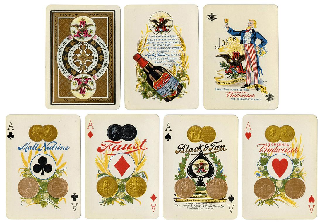 Anheuser-Busch “Army & Navy” Advertising: Anheuser-Busch “Army & Navy” Advertising Playing Cards. St. Louis, ca. 1900. 52 + J + EC. Spanish-American War era deck produced by the brewery. Gilt edges. Joker depicts Uncle Sam enjoyin