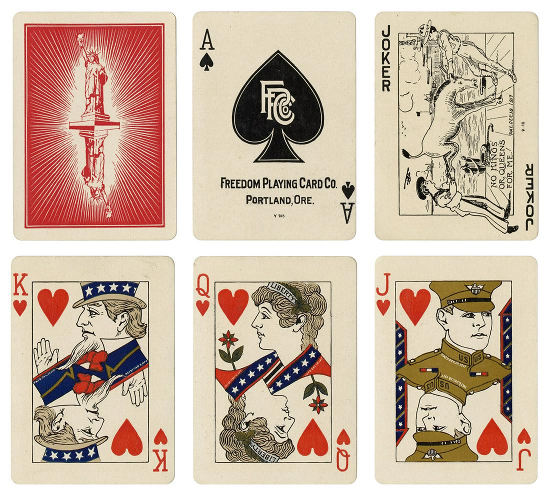 [WORLD WAR I]. Freedom Playing Card Co. Freedom Playing: [WORLD WAR I]. Freedom Playing Card Co. Freedom Playing Cards. Portland, OR, 1917/18. 52 + J. Original military and patriotic court designs with Uncle Sam as King, Liberty as Queen, and soldiers as th