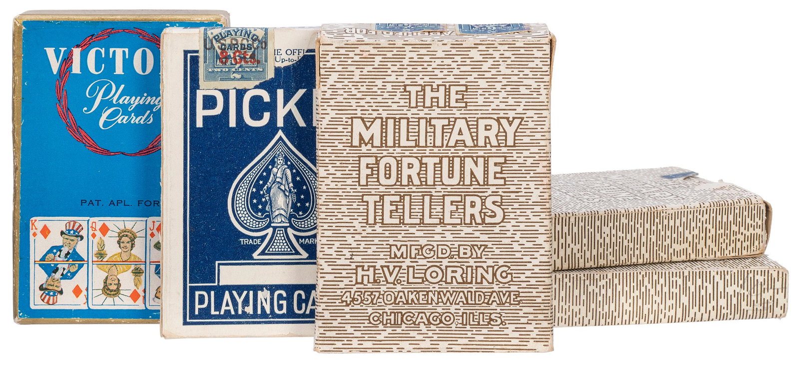 [MILITARY]. A group of 7 military-themed playing card: [MILITARY]. A group of 7 military-themed playing card decks. Including: USPC Picket 515 Playing Cards (ca. 1914; sealed with tax stamp), Hochman US30; 3 decks of Military Fortune Tellers Cards (ca. 19