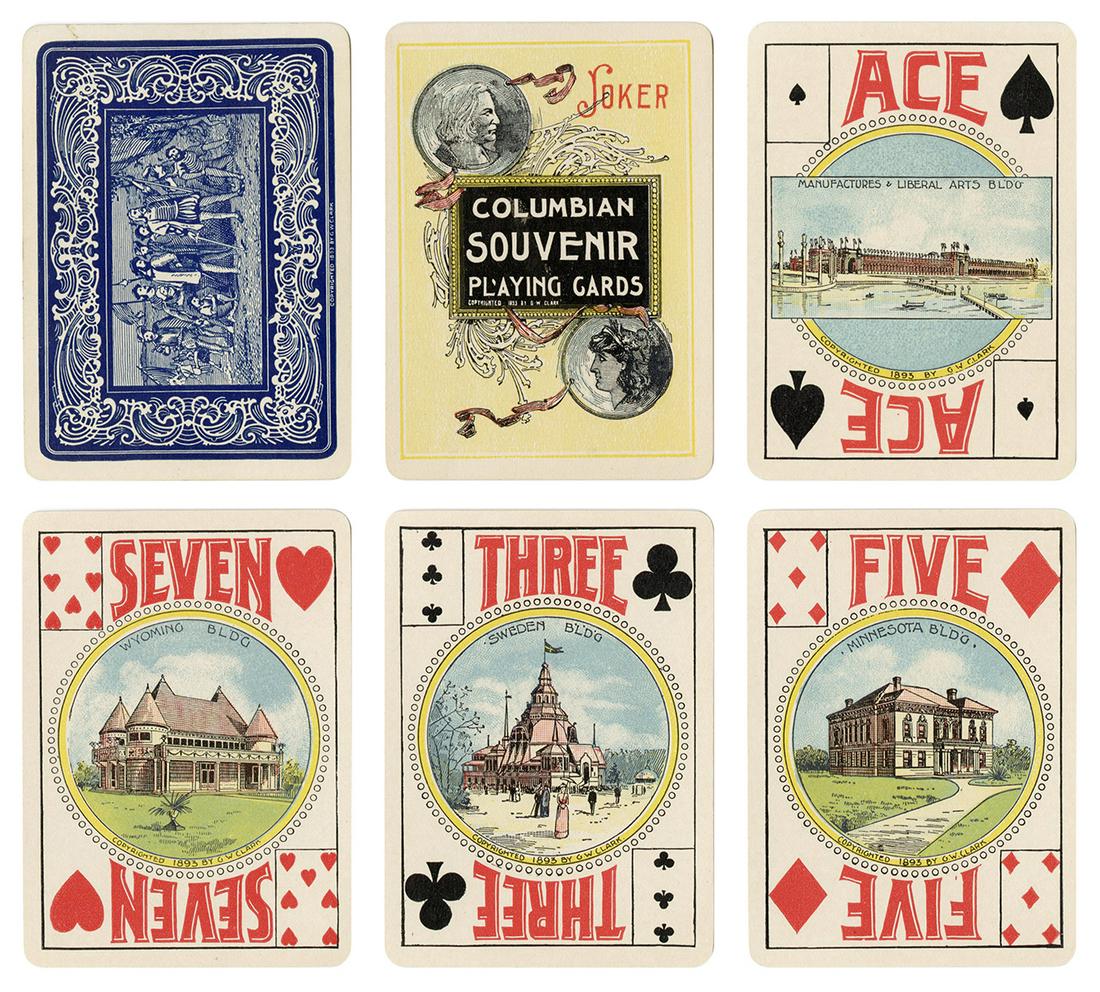 [CHICAGO]. Columbian Exposition Souvenir Playing Cards.: [CHICAGO]. Columbian Exposition Souvenir Playing Cards. Chicago: C.W. Clark, ca. 1893. 52 + J + EC (blank) + OB. Color lithographed illustrations of buildings from the fair on the faces of each card. 