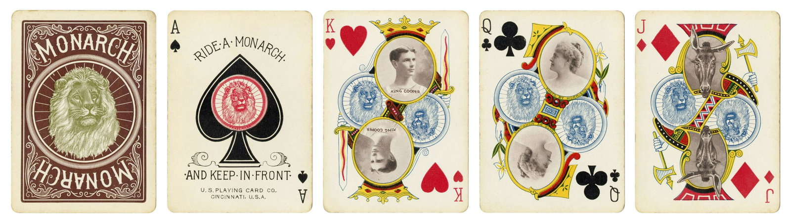 Monarch Bicycle Advertising Playing Cards. Cincinnati:: Monarch Bicycle Advertising Playing Cards. Cincinnati: USPC, 1895. 52 + OB. An early example of an advertising deck with special court cards. Each king features a portrait of “King Cooper”