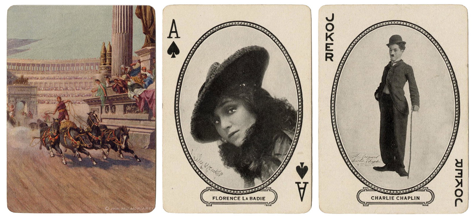 [CINEMA]. A pair of Movie Souvenir Playing Cards.: [CINEMA]. A pair of Movie Souvenir Playing Cards. Cincinnati: M.J. Moriarty, 1916. Complete with jokers and original boxes. Gilt edges. Depicts early 20th century movie stars like Dorothy Gish, Harry 