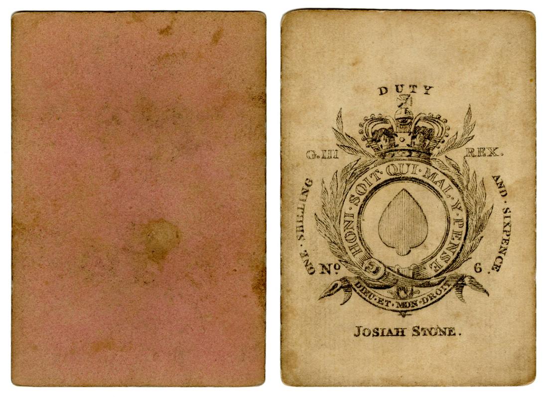 Josiah Stone Bezique Pack of Playing Cards. England,: Josiah Stone Bezique Pack of Playing Cards. England, early 19th century. 32/32 (A, K, Q, J, 10-7). With duty/garter ace, reign of George III. One-way courts. Pale pink backs.